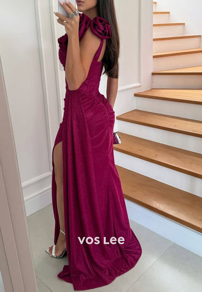 One Shoulder Flowers Embellished Floor-Length Mermaid Evening Dresses with High Split