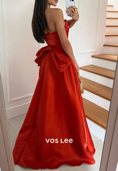 A-Line Strapless Bowknot Pleated Evening Dresses Prom Dresses with Court Train