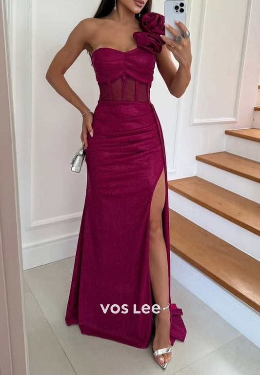 One Shoulder Flowers Embellished Floor-Length Mermaid Evening Dresses with High Split