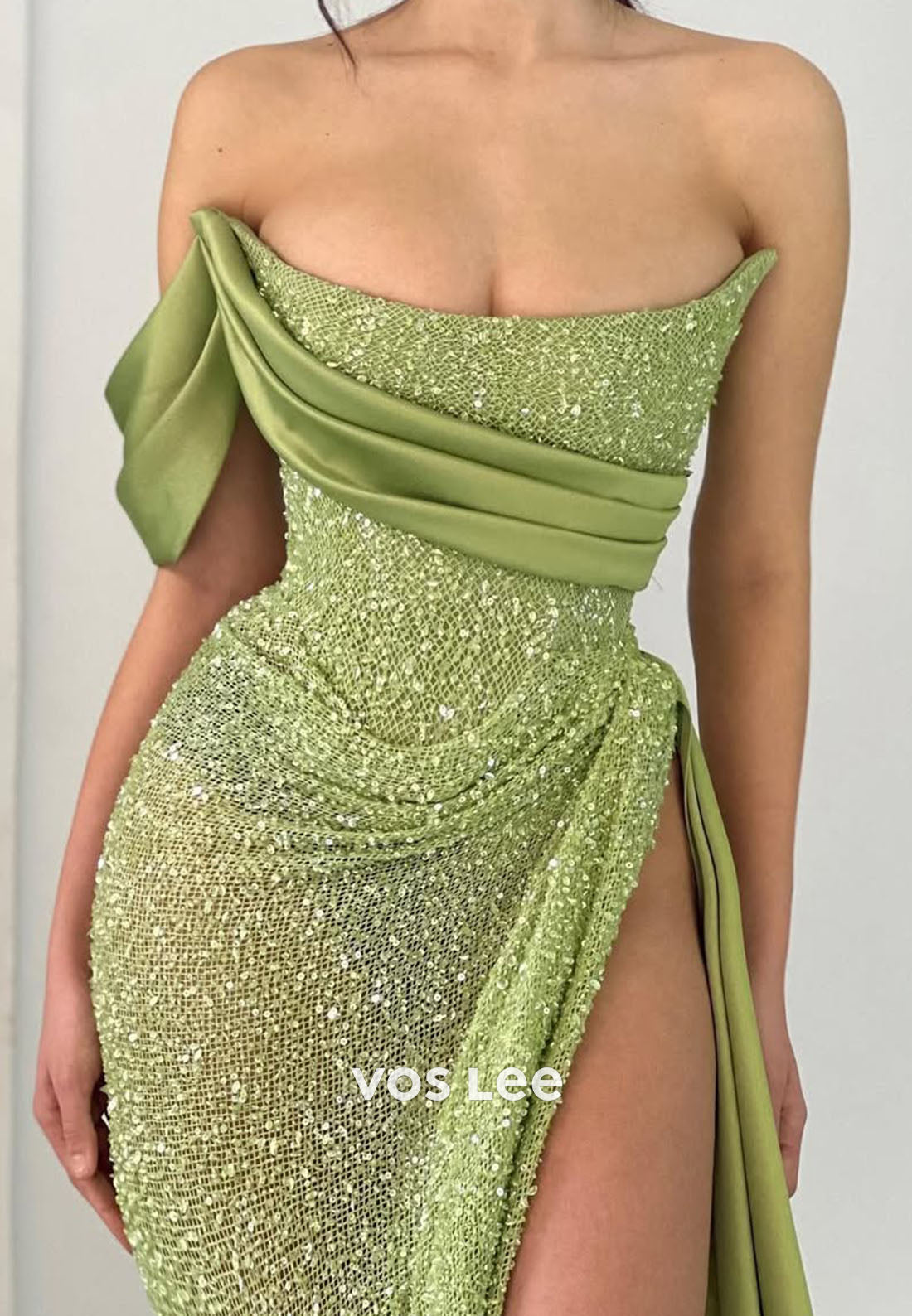 Green Stunning Sexy Crystals Prom Dress Sweetheart Pleat Slit Long Party Dress