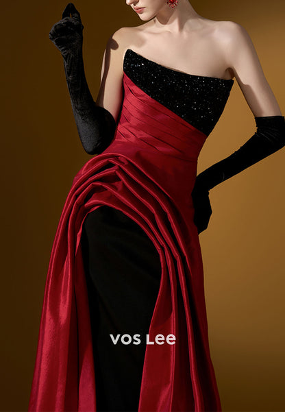 A-line Sequined Strapless Evening Dresses Fashion Pleat Prom Party Gown