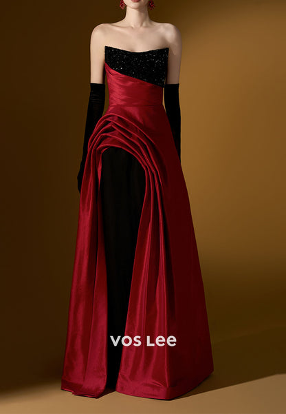 A-line Sequined Strapless Evening Dresses Fashion Pleat Prom Party Gown