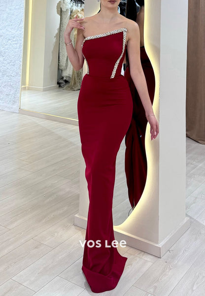 Classic Asymmetrical Neck Rhinestone Strapless Mermaid Floor-Length Evening Dresses