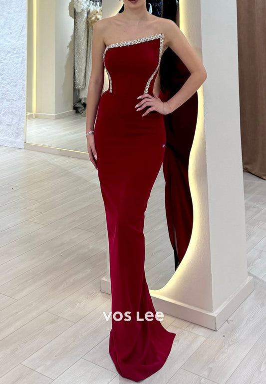Classic Asymmetrical Neck Rhinestone Strapless Mermaid Floor-Length Evening Dresses