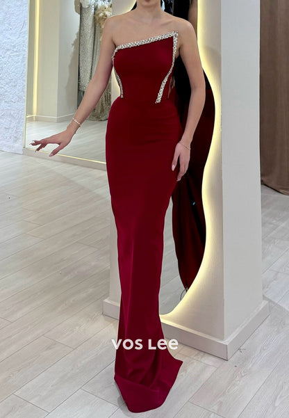Classic Asymmetrical Neck Rhinestone Strapless Mermaid Floor-Length Evening Dresses