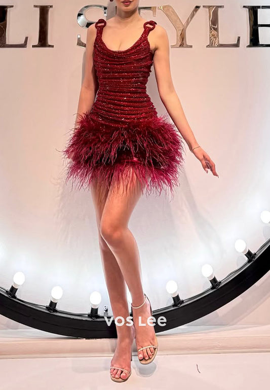 Sparkle & Shine Scoop Feather Pleated Mermaid Homecoming Dresses
