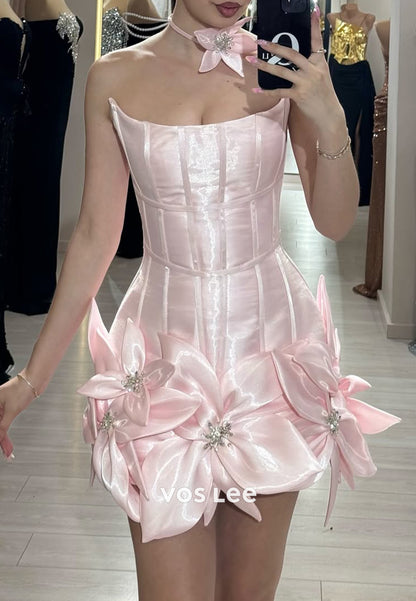 Sexy & Hot Pink Strapless Flowers Rhinestone Sheath Homecoming Dresses