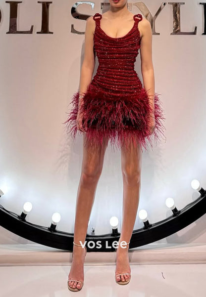 Sparkle & Shine Scoop Feather Pleated Mermaid Homecoming Dresses