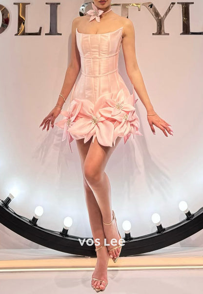 Sexy & Hot Pink Strapless Flowers Rhinestone Sheath Homecoming Dresses