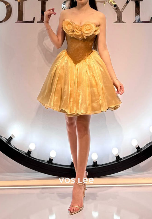 A-Line Gold Strapless Flowers Embellished Pleated Homecoming Dresses