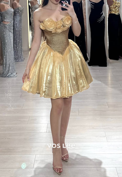 A-Line Gold Strapless Flowers Embellished Pleated Homecoming Dresses