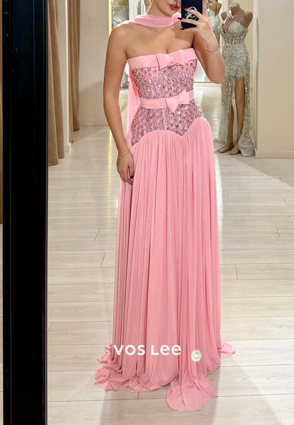 Glitter Strapless Crystals Diamonds A Line Long Prom Dress