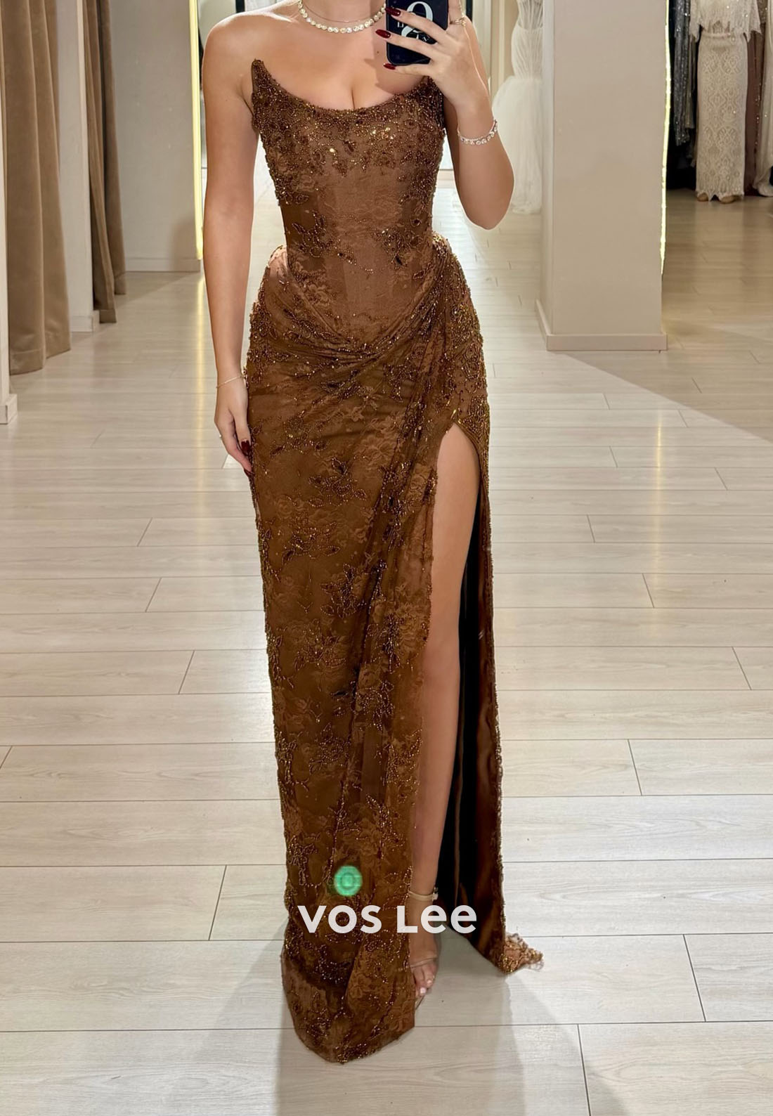 Sheath/Column Boat-Neck Strapless Lace Beading Sweep Train Prom Dress