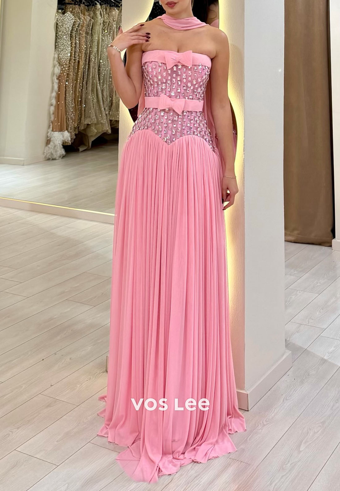 Glitter Strapless Crystals Diamonds A Line Long Prom Dress