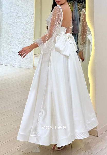 Sequins Long Sleeves A Line Prom Dress With Bow