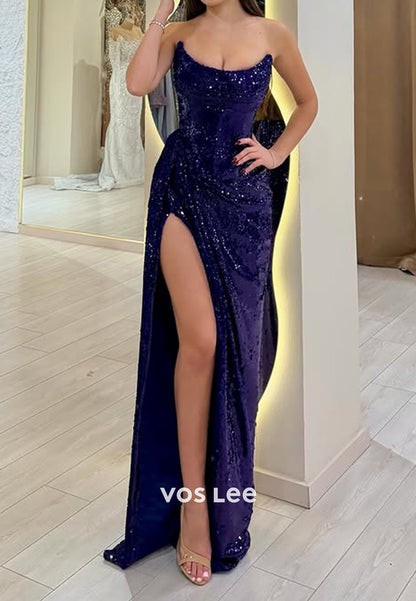 Shining Boat Neck Fully Sequins Split Prom Dress