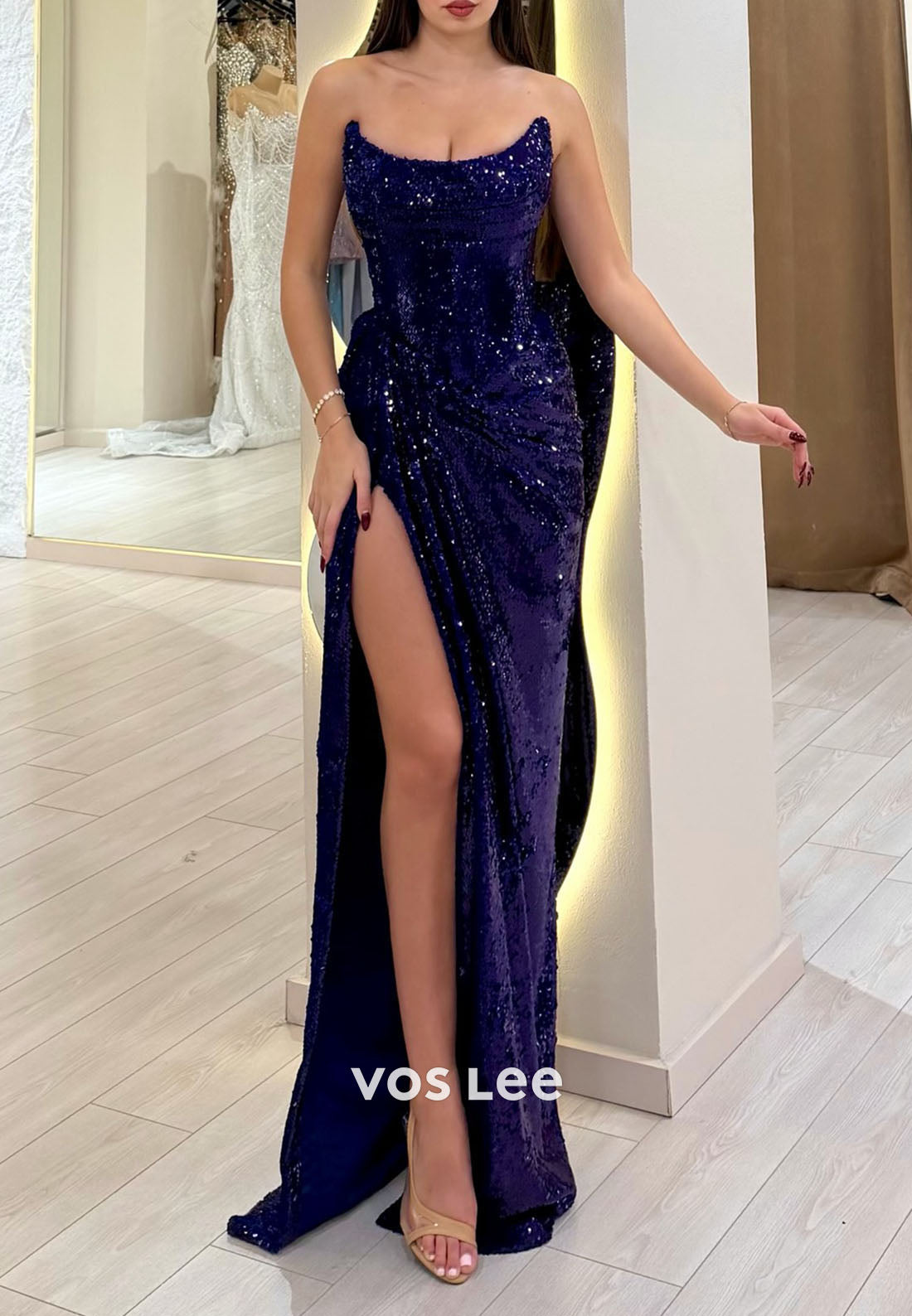 Shining Boat Neck Fully Sequins Split Prom Dress