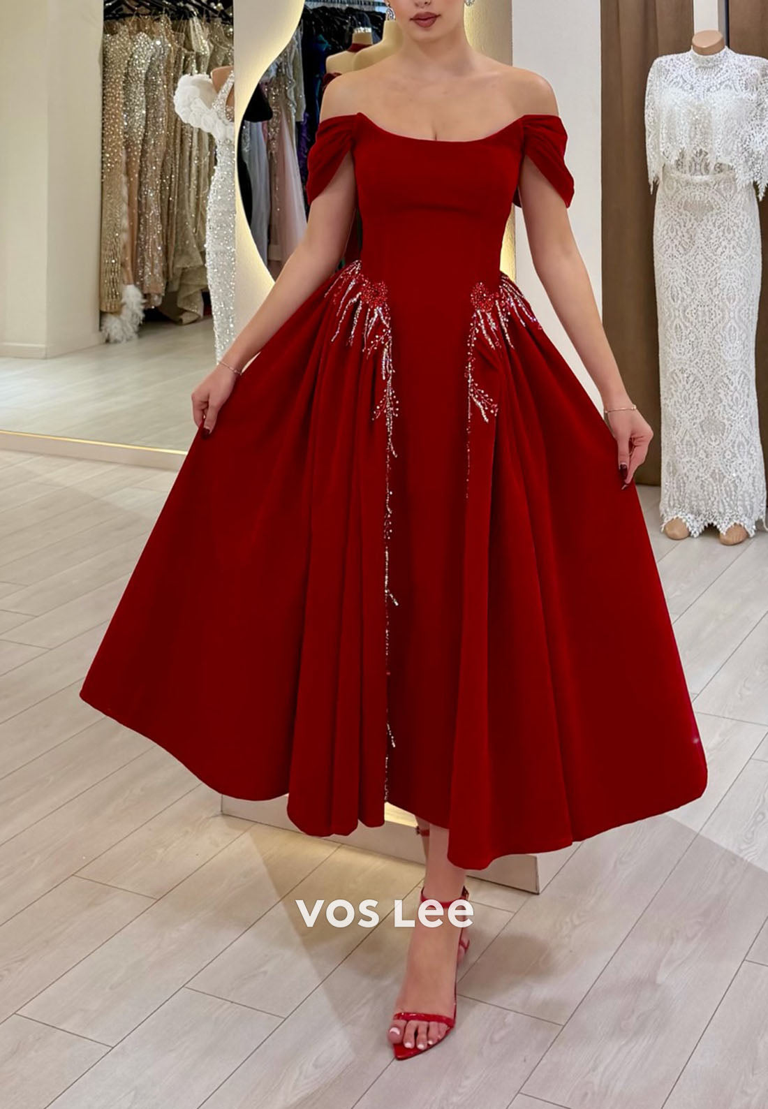 Beaded Off-the-Shoulder Velvet A-Line Evening Dress in Wine Red