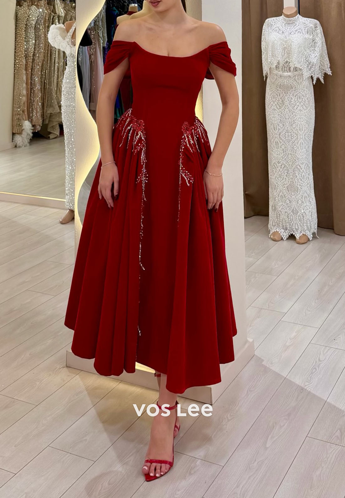 Beaded Off-the-Shoulder Velvet A-Line Evening Dress in Wine Red