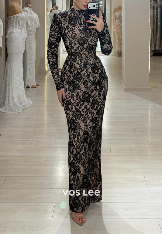 Vintage Glamour: Black Lace High Neck Long Sleeve Backless Evening Dress