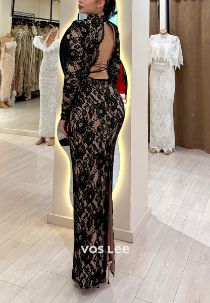 Vintage Glamour: Black Lace High Neck Long Sleeve Backless Evening Dress