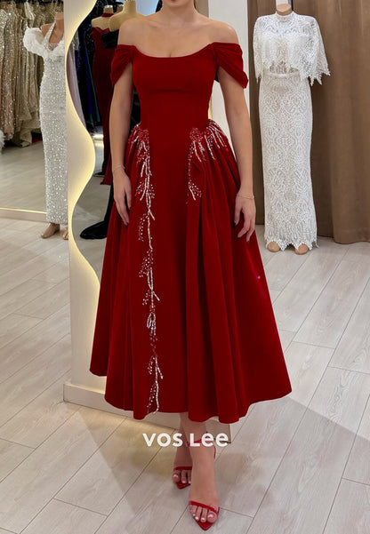 Beaded Off-the-Shoulder Velvet A-Line Evening Dress in Wine Red