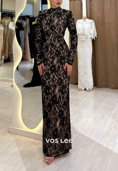 Vintage Glamour: Black Lace High Neck Long Sleeve Backless Evening Dress