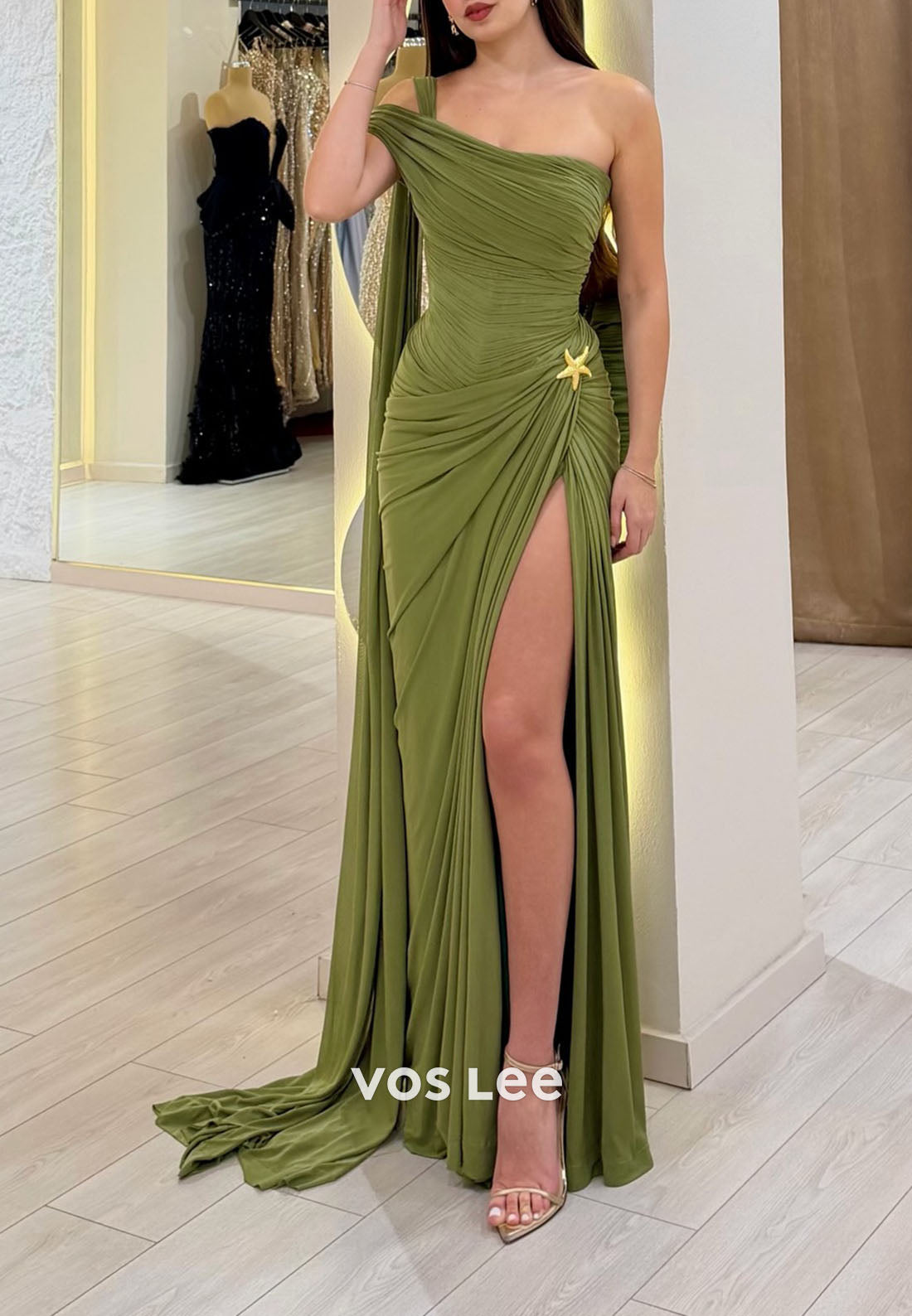 Elegant One Shoulder Ruched Gown with Flowy Cape