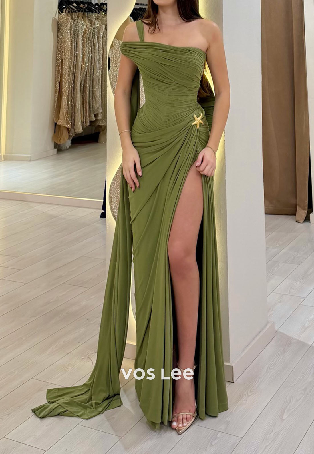 Elegant One Shoulder Ruched Gown with Flowy Cape