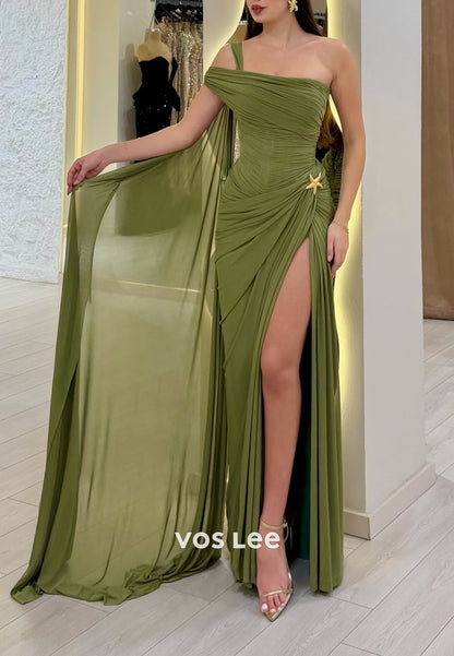 Elegant One Shoulder Ruched Gown with Flowy Cape