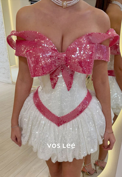 Pink & White Sequin Off Shoulder Bow Homecoming Dress, Puffy Mini Party Gown