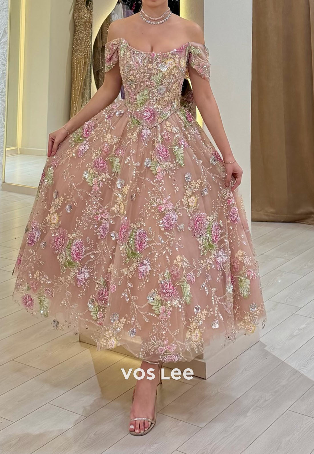 Floral Embroidered Off Shoulder Midi Prom Dress, A-Line Formal Cocktail Gown for Women