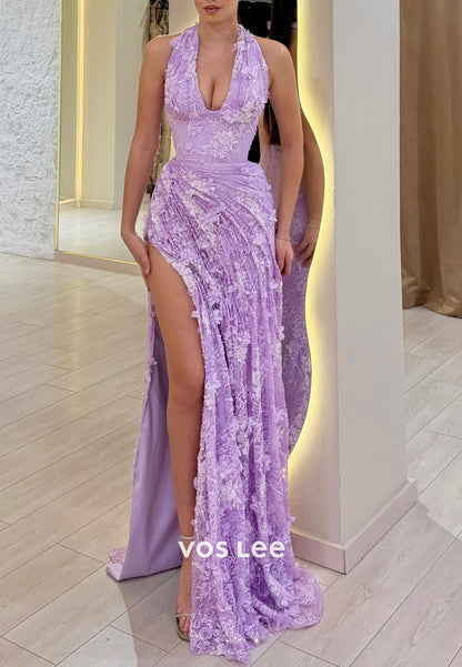 Lavender Sequin Halter Evening Gown | Deep V-Neck Slit Formal Dress