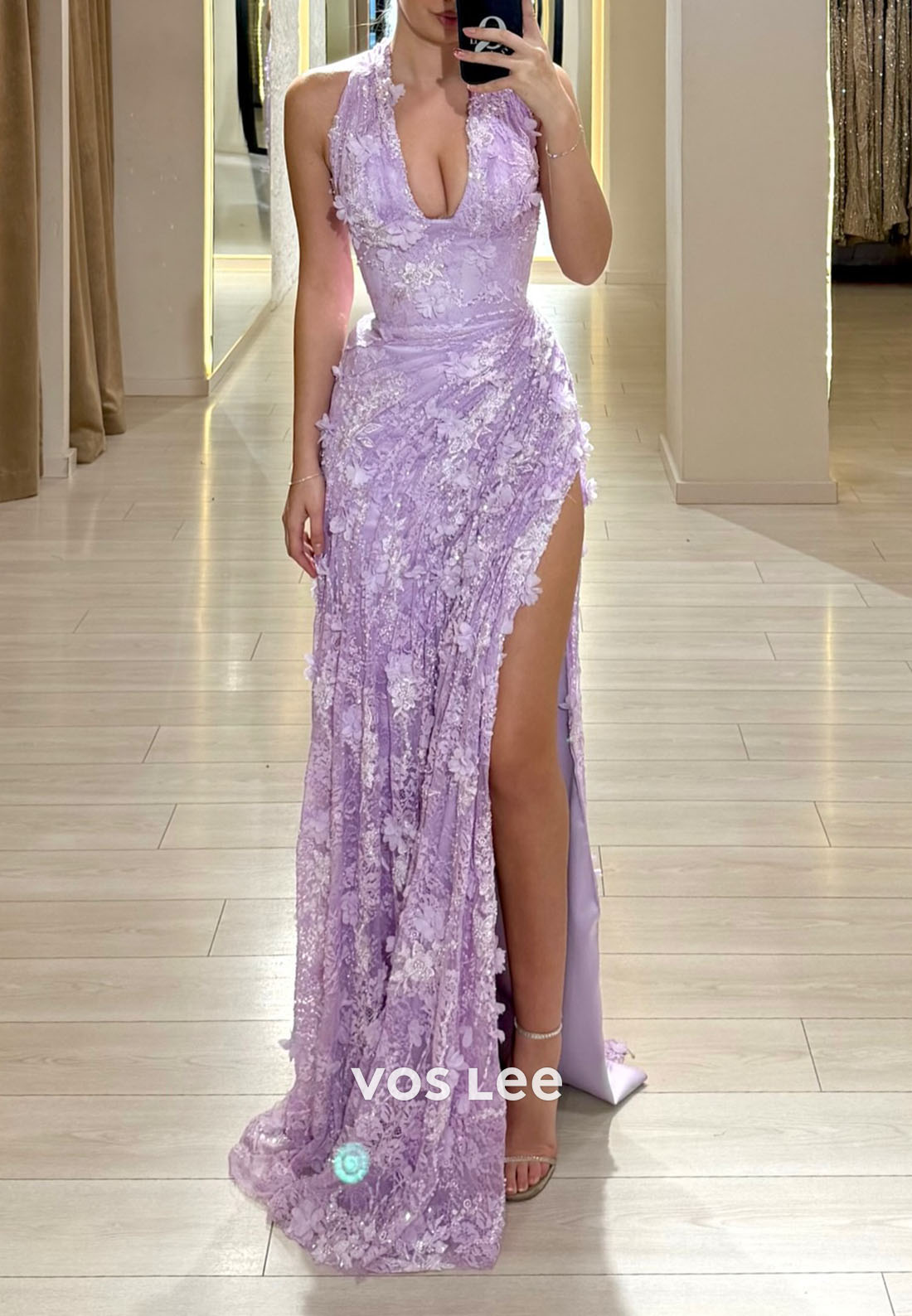 Lavender Sequin Halter Evening Gown | Deep V-Neck Slit Formal Dress