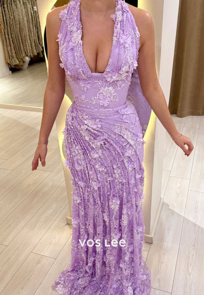 Lavender Sequin Halter Evening Gown | Deep V-Neck Slit Formal Dress