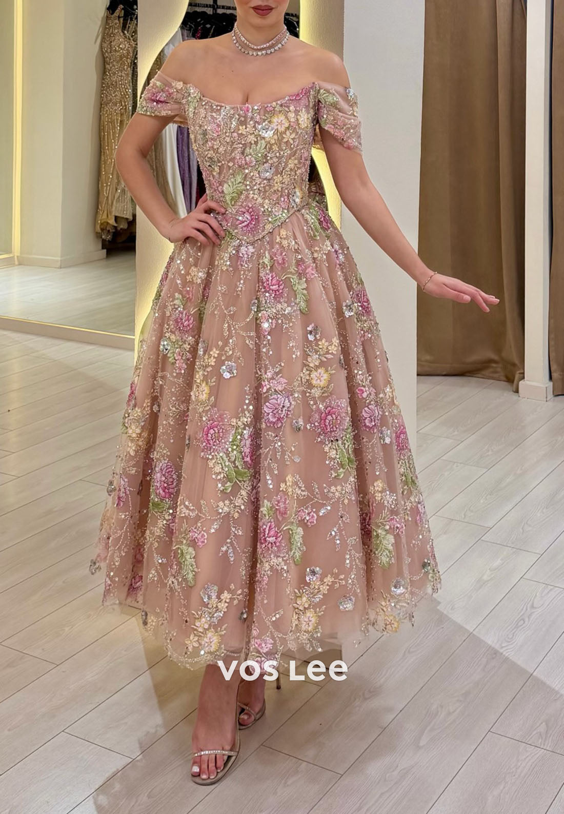 Floral Embroidered Off Shoulder Midi Prom Dress, A-Line Formal Cocktail Gown for Women