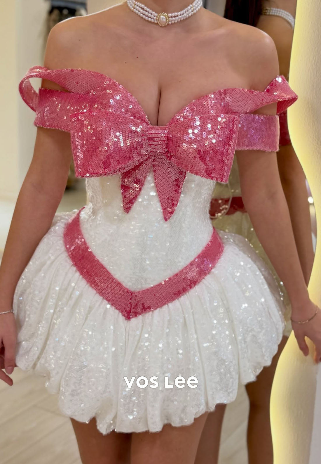 Pink & White Sequin Off Shoulder Bow Homecoming Dress, Puffy Mini Party Gown