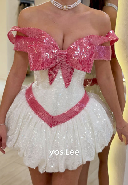 Pink & White Sequin Off Shoulder Bow Homecoming Dress, Puffy Mini Party Gown