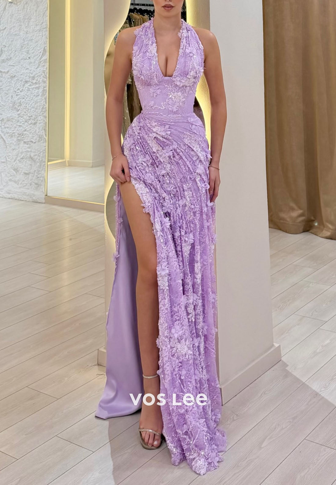 Lavender Sequin Halter Evening Gown | Deep V-Neck Slit Formal Dress