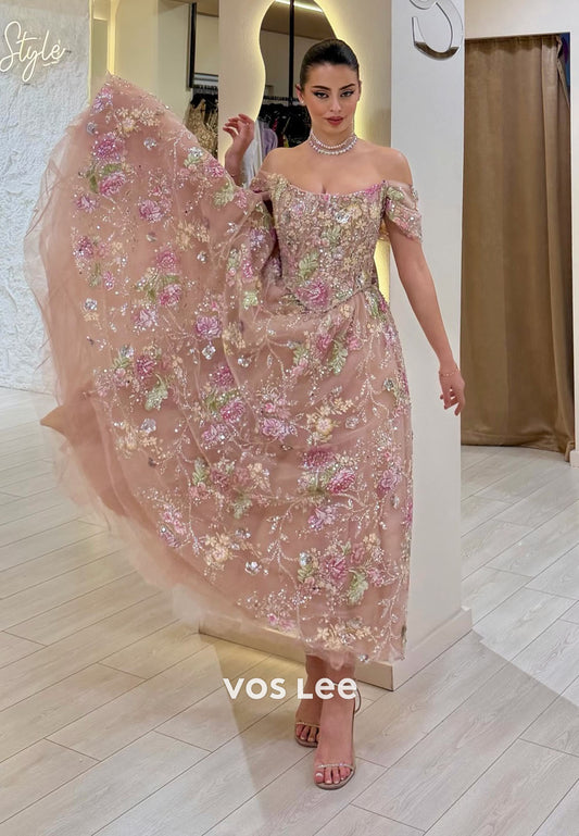 Floral Embroidered Off Shoulder Midi Prom Dress, A-Line Formal Cocktail Gown for Women