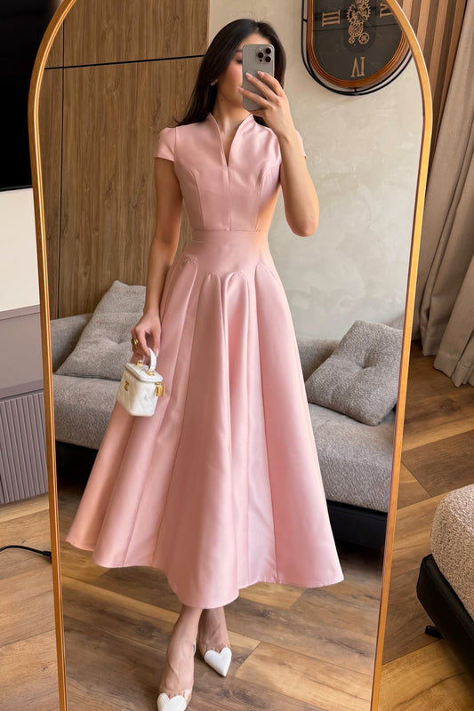 Blush Pink Satin Midi Dress | Cap Sleeve Fit and Flare Formal Gown