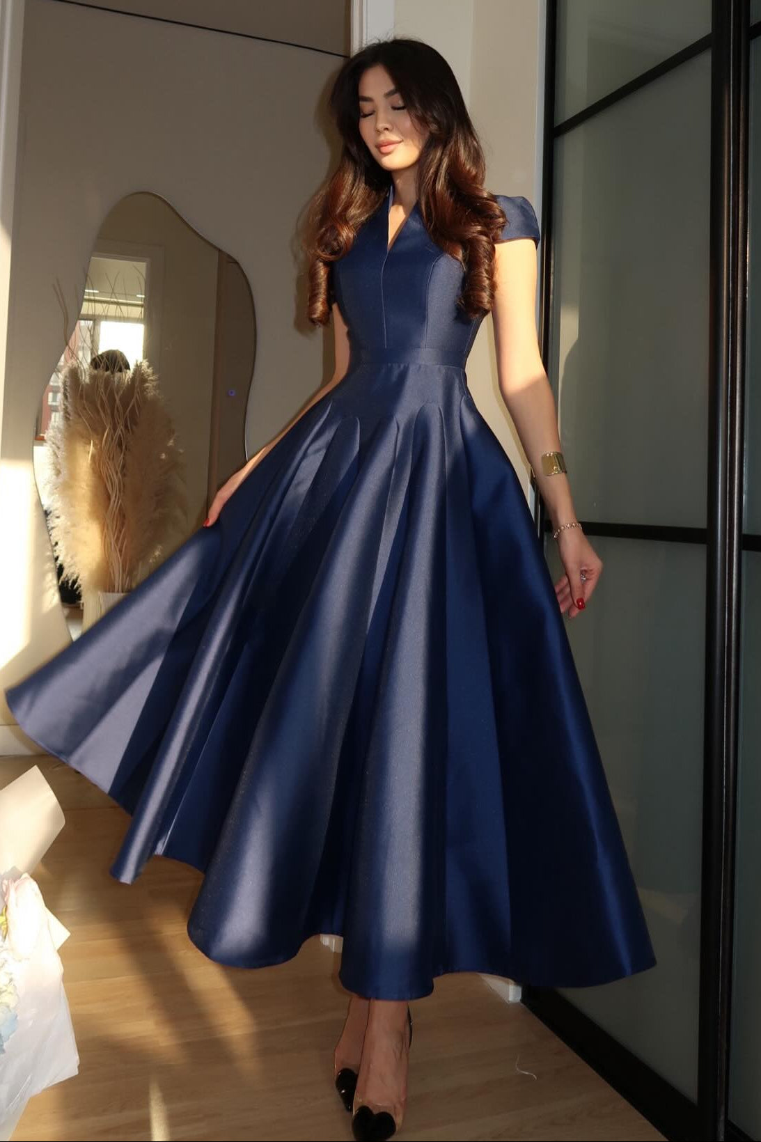 Blush Pink Satin Midi Dress | Cap Sleeve Fit and Flare Formal Gown