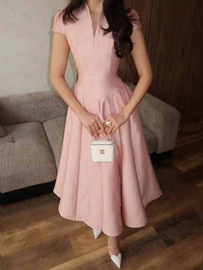 Blush Pink Satin Midi Dress | Cap Sleeve Fit and Flare Formal Gown