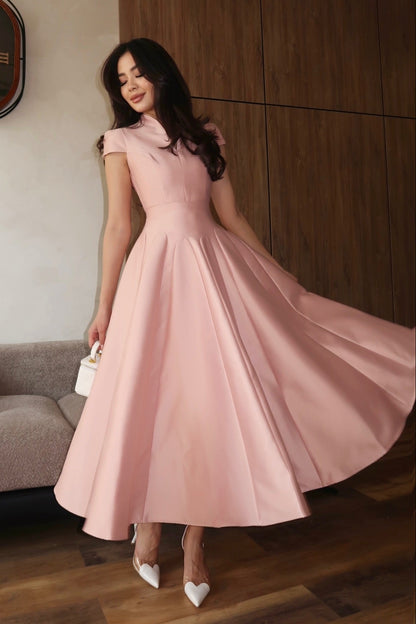 Blush Pink Satin Midi Dress | Cap Sleeve Fit and Flare Formal Gown