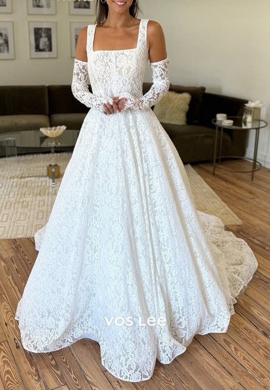 A-Line Long Sleeve Square Lace Appliques Wedding Dresses with Court Train