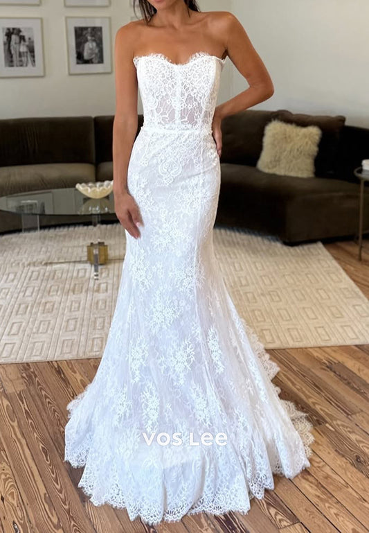 Strapless Sweetheart Lace Appliques Trumpet Wedding Dresses with Sweep Train