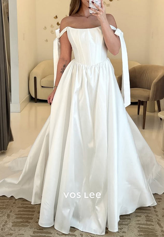 A-Line Bowknot Off the Shoulder Wedding Dresses with Court Train