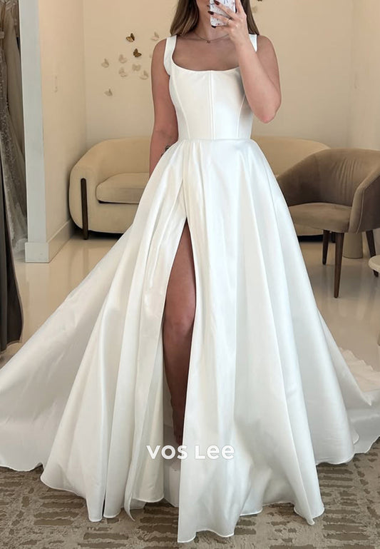 A-Line Square Satin Pleated Long Wedding Dresses with Side Split