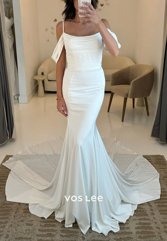 Classic Spaghetti Straps Scoop Trumpet Wedding Dresses with Court Train