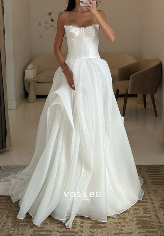 A-Line Sweetheart Strapless Pleated Wedding Dresses with Court Train